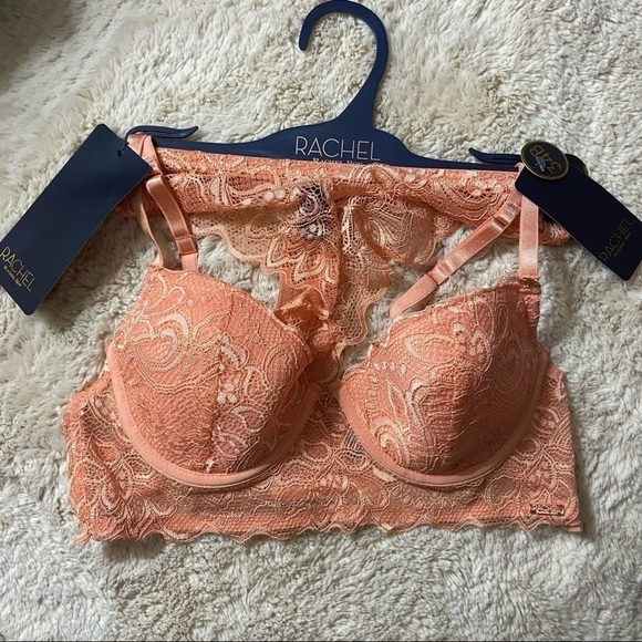Rachel Roy Peach Scallop Lace Bra & Panty Set, 34B - Picture 1 of 9